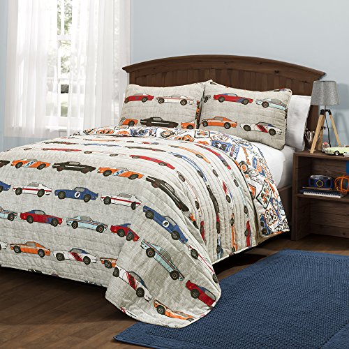 Lush Decor Lush Décor Beige Rennauto Kinder 2-teilige Steppdecke, wendbares Bettwäsche-Set für Jungen (Twin), blau/orange von Lush Decor