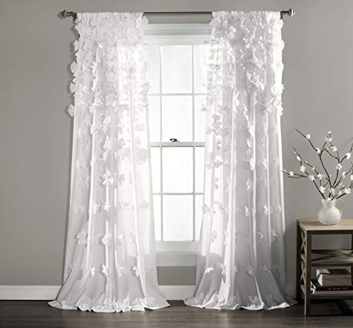 Lush Decor Riley Fenstervorhang, halbtransparent, gerüscht, strukturierte Schleife, Fensterpaneel für Wohnzimmer, Esszimmer, Schlafzimmer (Einzelbett), 137 cm B x 240 cm L, Weiß von Lush Decor