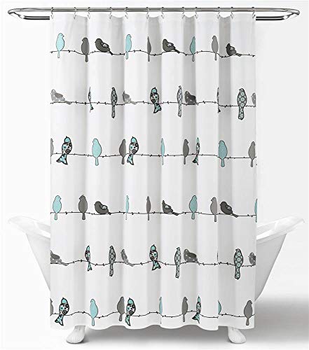 Lush Decor Rowley Duschvorhang mit Vogelmotiv, 183 x 183 cm (B x L), Blau und Grau, buntes Blumenmuster, skurriles und Verspieltes Vogel-Duschvorhang, Bauernhaus, Küste und Boho-Badezimmer-Dekor von Lush Decor