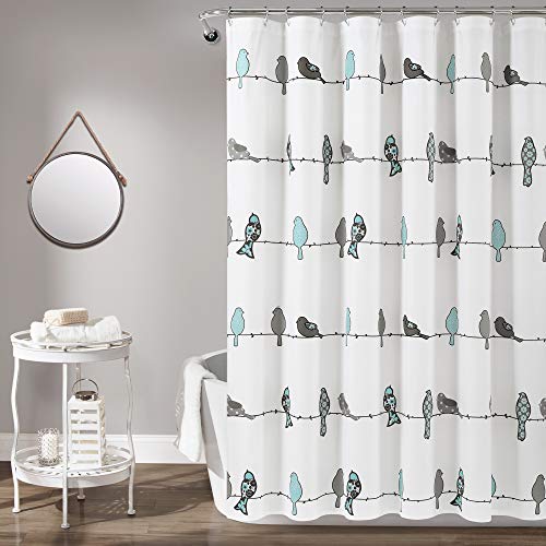 Lush Decor Tiervogel, Blau und Grau/Braun Rowley Birds Duschvorhang – Florales Tier-Vogel-Druck-Design für Badezimmer, 183 x 183 cm, Polyester, 72 in x 72 in von Lush Decor