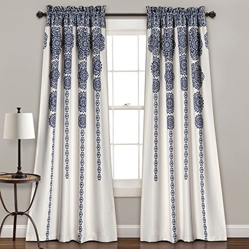 Lush Decor Gestreifte Medaillon-Vorhänge Stoff Mandala Bohemian Damast Druck Raum Verdunkelung Fenster Panel Set für Wohnzimmer, Esszimmer, Schlafzimmer (Paar), 213,4 x 132,1 cm (L x B), Marineblau von Lush Decor