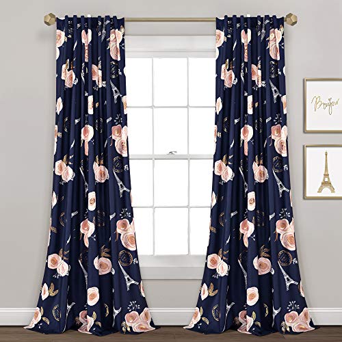 Lush Decor Vorhang-Set für Fenster, Vintage-Stil, Paris, Rose, Schmetterling, 2-teilig, lang, Blumenmuster, Polyester, 213,4 x 132,1 cm, Marineblau von Lush Decor