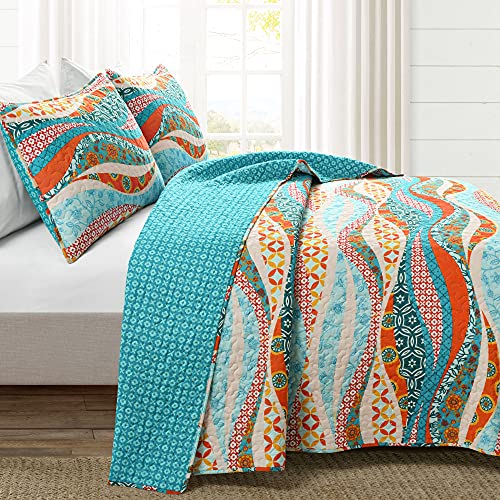 Lush Decor Watercolor Reversible Cotton 3 Piece Quilt Hailey Aquarell Wave Wendebettwäsche Baumwolle 3-teiliges Set, türkis, King von Lush Decor