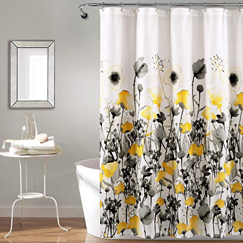 Lush Decor, Zuri Flora Duschvorhang, Stoff, Aquarell-Blumenmuster, 183 x 183 cm, Gelb und Grau von Lush Decor