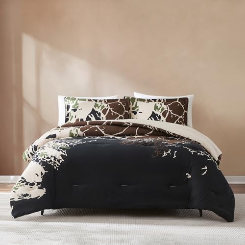 Lush Decor x Chuks Collins Bettdecken-Set mit Gewindewurzeln, 3-teiliges Set, King Brown & Neutral – King Tröster-Set – Luxus-Bettwäsche-Set – Schwarze Bettdecke – eklektisches Design von Lush Decor