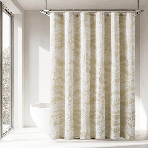 Lush Decor x Chuks Collins Cascade Wave Duschvorhang, Baumwolle, Einzelbett, 183 x 183 cm, Cremefarben/Weiß, Badvorhang, Badezimmer-Accessoire, weißer Duschvorhang, luxuriöse Heimdekoration von Lush Decor