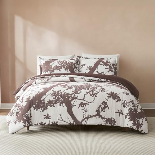 Lush Decor x Chuks Collins Sylvan Drift Matelasse Tröster 3-teiliges Set King Brown – Queen-Bettwäsche-Set – botanisches Bettwäsche-Set – Wald – Luxus-Bettwäsche – glamouröses Hüttendekor von Lush Decor