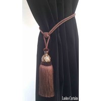 Brauner Vorhang Drapierung Dekorative Holz/Quaste Doppelseil Raffhalter Handgefertigte Wohnkultur/Fensterbehandlungen Drapieren Brauner Vorhang Drapierung Dekorative Holz/Quaste Doppelseil Raffhalter Handgefertigte Wohnkultur/Fensterbehandlungen Drapieren von LushesFabrics