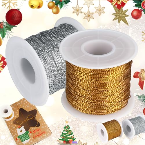 Lushly 2 Rollen Golddraht, metallisch, 100 m, Goldfarbene Schnur, geflochten, 1 mm, zum Besticken aus Polyester, für Geschenkpapier, Dekoration, Basteln (Gold, Silber), Silber, Gold, (Lushyp096) von Lushly