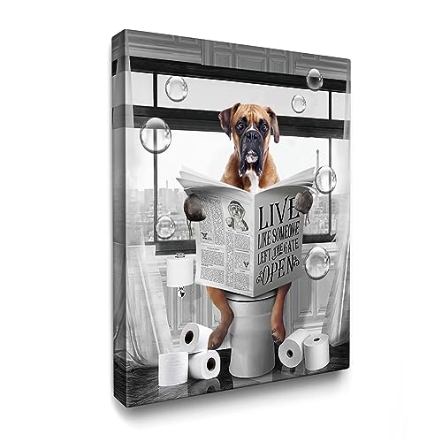Luslya Lustiger Boxer Hund Wandkunst - Niedlicher Hund Sitzt auf Toilette Lesen Zeitung - Schwarz und Weiß Badezimmer Wanddekoration Gerahmtes Poster für WC von Luslya