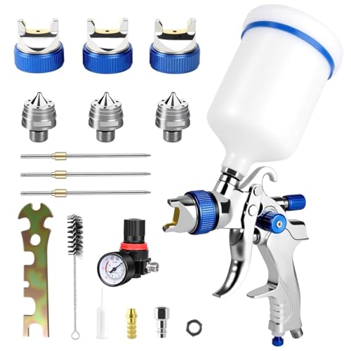 LustLocke HVLP Lackierpistole Spritzpistole Kit mit 3 Düsen (1,4/1,7/2,0 mm) – Profi Lackierpistole Druckluft mit 600 ml Plastikbecher, einstellbarem Luftdruck & Fluss, Edelstahl & Kupfer von LustLocke