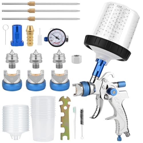 LustLocke HVLP Lackierpistole Spritzpistole Kit mit 3 Düsen (1,4/1,7/2,0 mm), 10 Stück 600ml Plastikbechern & 10 Deckeln – Profi Lackierpistole Druckluft mit einstellbarem Luftdruck & Fluss von LustLocke