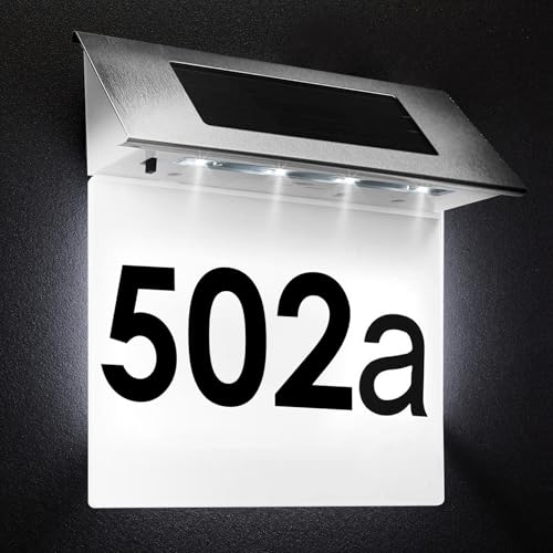LustLocke Solar Hausnummer Beleuchtet, LED Hausnummer Solar Außen, IP65 Wasserdichtes Hausnummernschild mit Dämmerungssensor, Rostfreies Edelstahl & Kabelloses Design von LustLocke