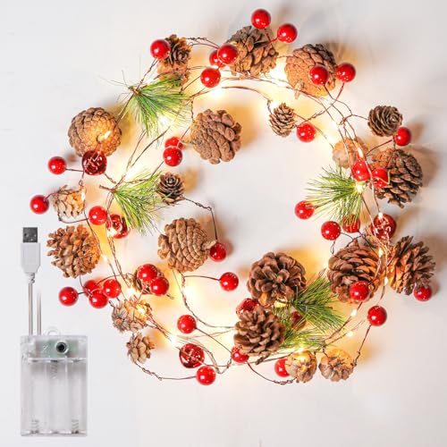 Lustaled Weihnachtsgirlande mit Lichtern, 2 m Weihnachtsgirlande Dekorationen mit Tannenzapfen, rote Glocken, USB/Batteriebetrieb, Lichterkette, 8 Modi für Weihnachtsdekoration, Kamin, Treppe, Wand von Lustaled