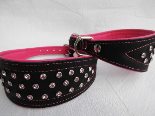 WINDHUND Halsband, Halsumfang 34-41cm/60mm, Leder + Kristallen ROSA von Lusy011