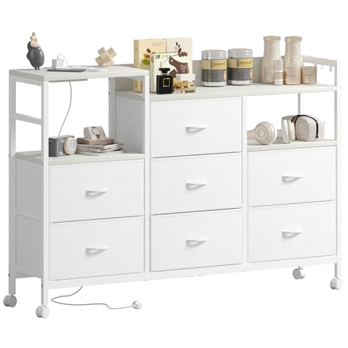Lutown-Teen Kommode Weiss mit 7 Schubladen auf Rädern, Stoffkommode mit 2 Steckdosen 2 USB-Anschlüssen, Komodenschrank für Schlafzimmer Wohnzimmer, Flurkommode, 132 * 30 * 91cm, Weiß von Lutown-Teen