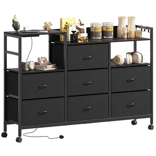 Lutown-Teen Kommode mit 7 Schubladen aus Stoff auf Rädern, Stoffkommode mit 2 USB & 2 AC-Anschlüssen, Komodenschrank mit Steckdosen, für Schlafzimmer Wohnzimmer, 132 * 30 * 91cm, Schwarz von Lutown-Teen