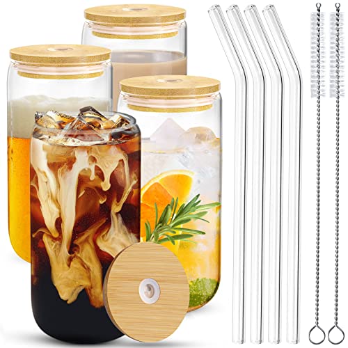 Lutranstra Trinkgläser mit Bambusdeckel und Glasstrohhalm, 4 Stück 460ml/16oz Cocktail Gläser, Trinkglas mit Deckel, Bubble Tea Becher mit Glass Straw für Iced Coffee, Bier, Cocktail, Cola von Lutranstra