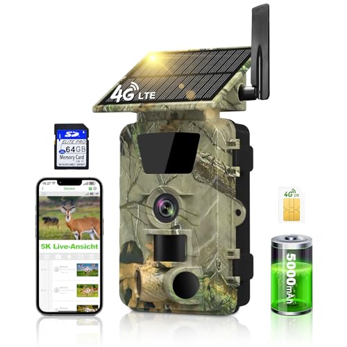 Lutranstra 2 Wildkamera, 4G LTE Wildkamera mit SIM Karte Solar, 5K/60MP Video Wildtierkamera mit Handyübertragung APP, Live Übertragung, 5000mAh Akku, Bewegungssensort, Nachtsicht, 0,1s Auslösezeit von Lutranstra