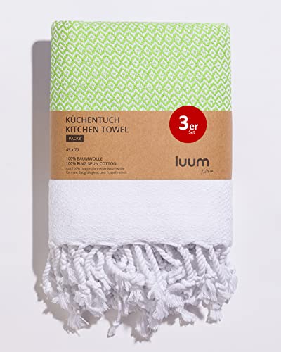 Luum® 3er Set Geschirrtücher, Geschirrhandtücher, Küchentücher, Küchenhandtücher, 100% ringgesponnene Baumwolle, schnelltrocknend, fusselfrei, Grün, 45x70, Geschenkset von Luum