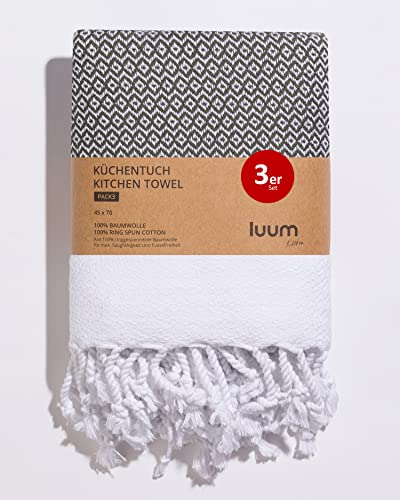 Luum® 3er Set Geschirrtücher, Geschirrhandtücher, Küchentücher, Küchenhandtücher, 100% ringgesponnene Baumwolle, schnelltrocknend, fusselfrei, Khaki, 45x70, Geschenkset von Luum