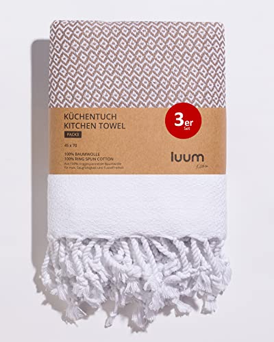 Luum® 3er Set Geschirrtücher, Geschirrhandtücher, Küchentücher, Küchenhandtücher, 100% ringgesponnene Baumwolle, schnelltrocknend, fusselfrei, Latte, 45x70, Geschenkset von Luum