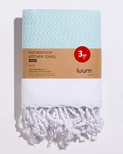 Luum® 3er Set Geschirrtücher, Geschirrhandtücher, Küchentücher, Küchenhandtücher, 100% ringgesponnene Baumwolle, schnelltrocknend, fusselfrei, Mint, 45x70, Geschenkset von Luum