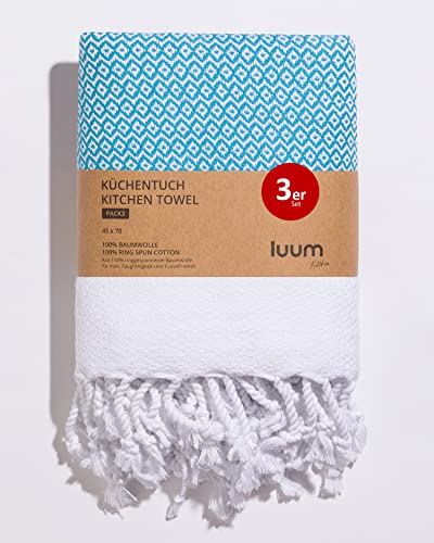 Luum® 3er Set Geschirrtücher, Geschirrhandtücher, Küchentücher, Küchenhandtücher, 100% ringgesponnene Baumwolle, schnelltrocknend, fusselfrei, Türkis, 45x70, Geschenkset von Luum