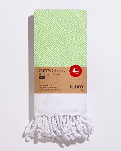 Luum® 4er Set Hamam Gästehandtücher, Platzset, Platzdeckchen, Tischset waschbar, Seiftuch, 100% Baumwolle, schnelltrocknend, fusselfrei, Grün, 33x45, Geschenkset, Hochzeitsgeschenk Idee von Luum