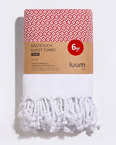 Luum® 6er Set Hamam Gästehandtücher, Deko Handtücher, Seiftuch, Waschlappen, Stoffservietten, Putzlappen, 100% Baumwolle schnelltrocknend fusselfrei Rot 33x33 Geschenkset Geschenke für Frauen von Luum