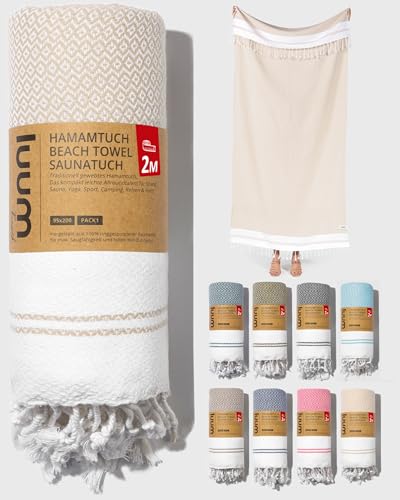 Luum® Hamamtuch groß 100x200 Strandtuch XXL Saunahandtuch Handtuch Yogatuch Duschtuch Strandhandtuch Saunatuch Badetuch Reisehandtuch Pestemal, Damen Herren, 100% Baumwolle, Beige von Luum