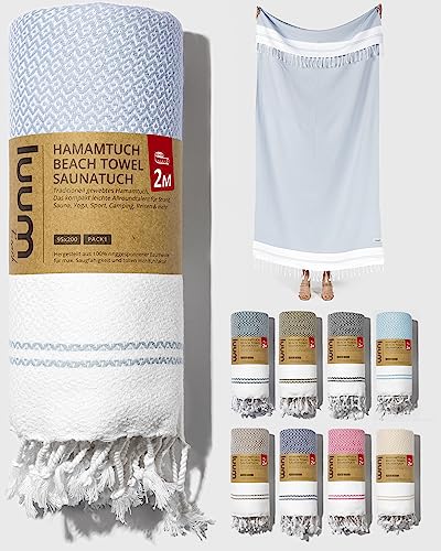 Luum® Strandtuch groß 100x200 Hamamtuch Saunahandtuch Badetuch Handtuch Yogatuch Duschtuch Strandhandtuch Saunatuch Reisehandtuch Turkish Towels, Damen Herren, 100% Baumwolle, Hellblau von Luum