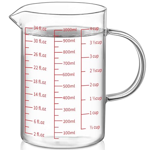 Luvan 1000 ml Messbecher aus Glas, leicht ablesbar mit 3 Messskalen (ml/oz/Tasse), isoliertem Griff und V-förmigem Ausguss, hoher Messbecher aus Borosilikatglas, ideal für Küche oder Restaurant von Luvan