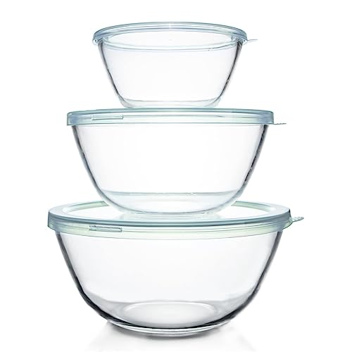 Luvan Glas Rührschüssel mit Deckel 3er-Set (4.2 L,2.5 L,1 L), Große Rund Salatschüsseln für die Küche, ideal zum Aufbewahren von Lebensmitteln, Kochen, Backen, Vorbereiten, Spülmaschinenfest von Luvan