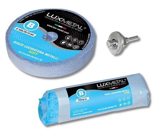 Lux Metal - 1 polierpaste 250 g - 1 Polierscheibe 100 mm Baumwolle set kit Schleifpaste Metall Aluminium für Bohrmaschine schleifbock schleifmaschinen, Edelstahl Messing Kupfer Holz Kunststoff messer von Lux Metal