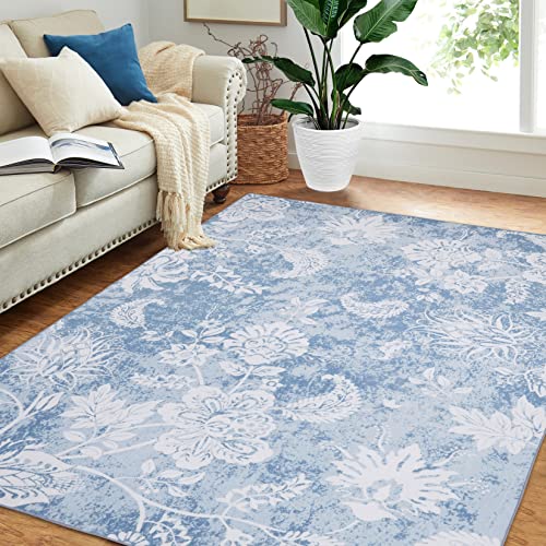 LuxFocus Blumenteppich Faltbar Maschinenwaschbarer Teppich Bunter Blumenteppich Rutschfester Vintage Teppich Bauernhaus Blumenteppich für Küche Wohnzimmer Schlafzimmer Esszimmer 120 x 170 cm Blau von LuxFocus