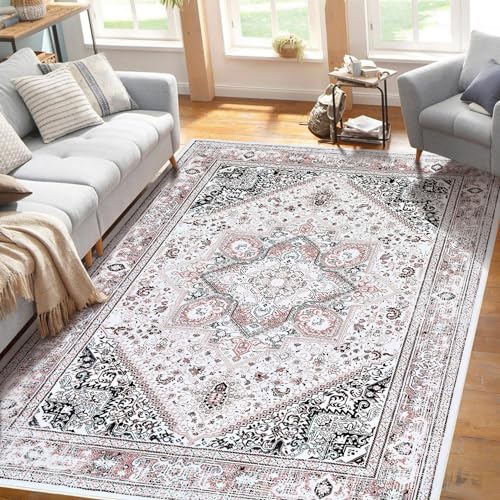 LuxFocus Bohemian Vintage Teppich, Maschinenwaschbarer Niedrigfloriger Akzentteppich Fusselfreier Rutschfester Wohnzimmer Bodenüberwurf für Schlafzimmer Esszimmer Kinderspielzimmer, Rosa 120 x 170 cm von LuxFocus