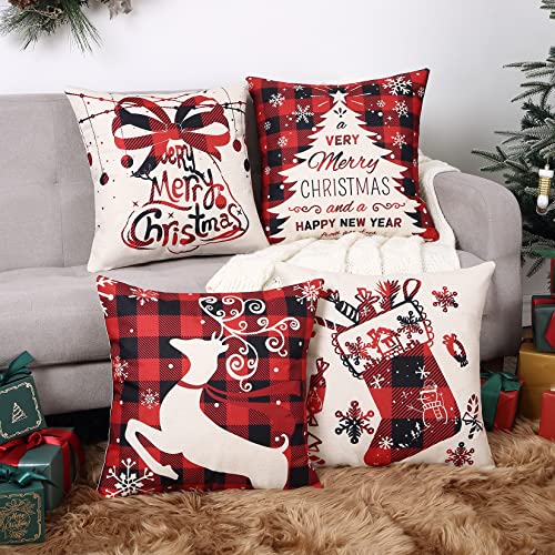 LuxFocus Christmas Cushion Cover, Faux Linen Red Decorative Christmas Tree Throw Pillow Case Cushion for Sofa Living Room Bed Couch Car Square Pillowcase, 18 x 18 Inch von LuxFocus