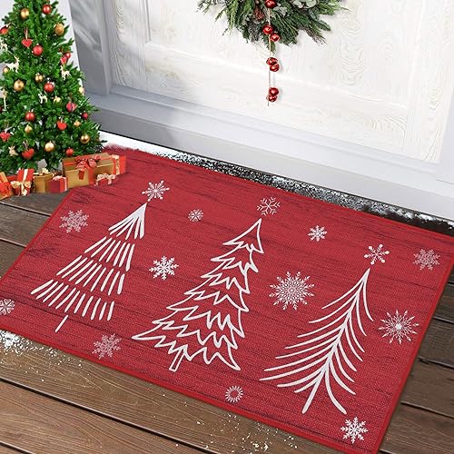 LuxFocus Dekorative Fußmatte für den Innenbereich, 40 x 80 cm, Weihnachtsbäume und Schneeflocken, rutschfest, Küchenteppich, rot, 40 x 80 cm von LuxFocus
