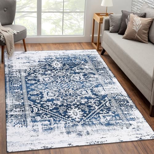 LuxFocus Farbverlaufs Retro Teppich, 120 x 170 cm Rechteckig Blau Orientalisches Schneeflocken-Medaillon im Used-Look Fusselfrei für Wohnzimmer Schlafzimmer Esszimmer Zuhause, Büro von LuxFocus