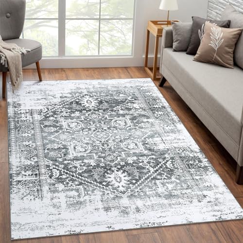 LuxFocus Farbverlaufs Retro Teppich, 120 x 170 cm Rechteckig Grau Orientalisches Schneeflocken-Medaillon im Used-Look Fusselfrei für Wohnzimmer Schlafzimmer Esszimmer Zuhause, Büro von LuxFocus