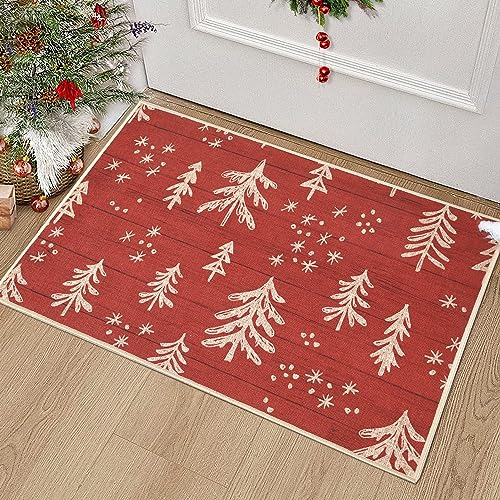 LuxFocus Fußmatte Waschbar, Weihnachts Deko Fußmatten für den Eingang Außenbereich rutschfeste Willkommens-Fußmatte Gummirückseite Weihnachtsbäume Muster Küchenmatten Badematte, Rot 40 x 60 cm von LuxFocus