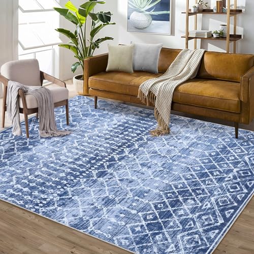 LuxFocus Groß Teppich Wohnzimmer Kurzflor Marokkanischer Boho Teppich Waschbar Schmutzabweisend Teppich für Schlafzimmer Esszimmer rutschfeste Bodenmatte Blau 200x290 cm von LuxFocus