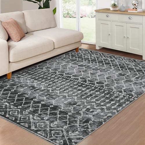 LuxFocus Groß Teppich Wohnzimmer Kurzflor Marokkanischer Boho Teppich Waschbar Schmutzabweisend Teppich für Schlafzimmer Esszimmer rutschfeste Bodenmatte Schwarz 200x290 cm von LuxFocus