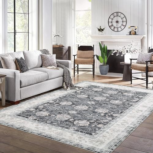 LuxFocus Innen und Außenteppich, Waschbarer Traditioneller Vintage Teppich rutschfest Wasser und Schmutzabweisend für den Innenbereich Wohnzimmer Schlafzimmer Heimbüro 140 x 200 cm, Dunkelgrau von LuxFocus