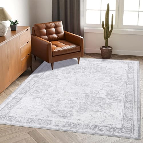 LuxFocus Klassischer Vintage Teppich rutschfest Waschbar Indoor Teppich mit Kurzflor Floral Design Teppich für Wohnbereich Esszimmer Used Look Bodenteppich 120x170 cm Grau von LuxFocus