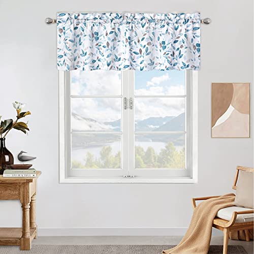 LuxFocus Scheibengardine Halbtransparent Kurzvorhang Fenster Volant Kurzstores Landhausstil Bunter Blattdruck Küche Gardine mit Tunnelzug Bistrogardine Teal 1 Stück B 132 cm x H 38 cm von LuxFocus