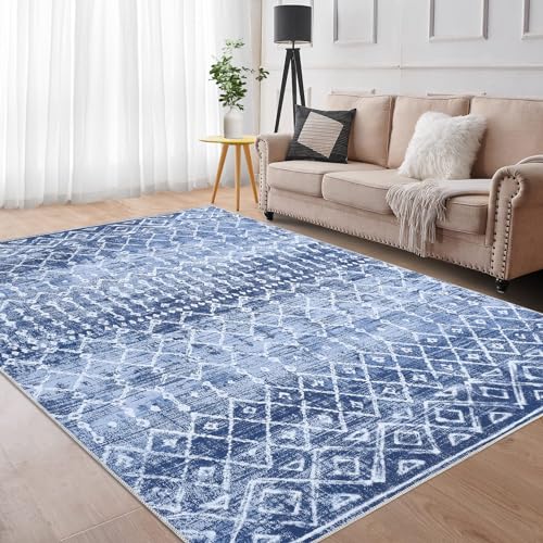 LuxFocus Maschinenwaschbar Teppich Boho Teppich rutschfest Kurzflor Innen Teppich für Schlafzimmer Wohnzimmer Marokkanischer Teppich Faltbare Bodenmatte Blau 120x170 cm von LuxFocus