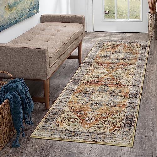 LuxFocus Maschinenwaschbarer Teppich, Wasser und Schmutzabweisend Vintage-Läufer für den Innenbereich Rutschfester Orientalischen Design Teppich für Wohnzimmer Schlafzimmer Küche, 60 x 230 cm Orchre von LuxFocus