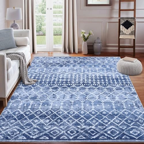 LuxFocus Modern Teppich Geometrisches Muster Boho Teppich für Schlafzimmer Kurzflor Wohnzimmer Maschinenwaschbarer Teppich Bodenbelag Anti-Rutsch Blau 160x230 cm von LuxFocus